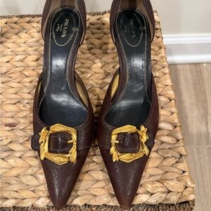 Prada Dark Brown Kitten d’Orsay Heels with Gold Buckle